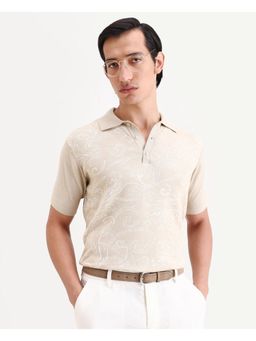 Rare Rabbit - Mens Par Beige Cotton Fabric Regular Fit Floral Print Polo T-shirt