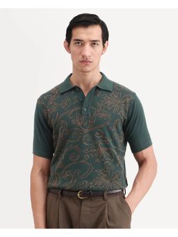 Rare Rabbit - Mens Par Dark Green Cotton Fabric Regular Fit Floral Print Polo T-shirt