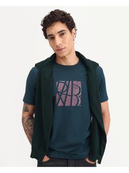 Rare Rabbit - Mens Wog Dark Teal Cotton Blend Regular Fit Graphic Print T-shirt