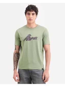 Rare Rabbit - Mens Via Dusky Olive Cotton Blend Regular Fit Graphic Print T-shirt