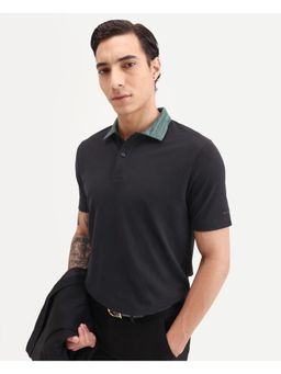 Rare Rabbit - Mens Spat Black Cotton Blend Fabric Regular Fit Plain Polo T-shirt