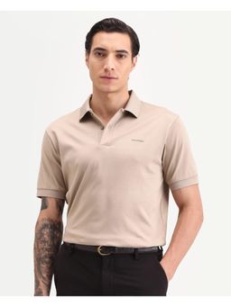 Rare Rabbit - Mens Row-S26 Beige Cotton Fabric Regular Fit Plain Polo T-shirt