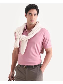 Rare Rabbit - Mens Row-S26 Dusky Pink Cotton Fabric Regular Fit Plain Polo T-shirt
