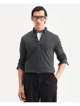 Rare Rabbit - Mens Rint Dark Grey Cotton Blend Regular Fit Plain Polo T-shirt