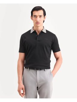 Rare Rabbit - Mens Frep Black Cotton Fabric Regular Fit Plain Polo T-shirt