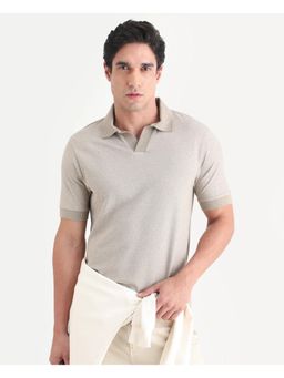 Rare Rabbit - Mens Digi Grey Cotton Blend Fabric Regular Fit Plain Polo T-shirt