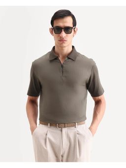 Rare Rabbit - Mens Cosma-S26 Olive Linen Blend Regular Fit Plain Polo T-shirt