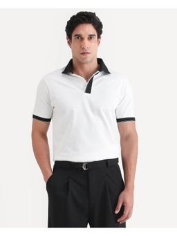 Rare Rabbit - Mens Chob White Cotton Blend Fabric Regular Fit Plain Polo T-shirt