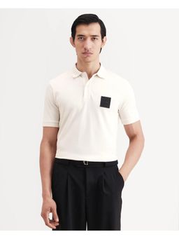 Rare Rabbit - Mens Boro Off White Cotton Blend Regular Fit Plain Polo T-shirt