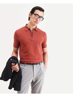 Rare Rabbit - Mens Arp Rust Cotton Blend Fabric Regular Fit Plain Polo T-shirt