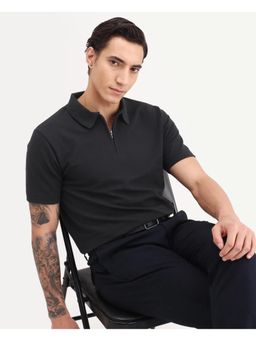 Rare Rabbit - Mens Arp Black Cotton Blend Fabric Regular Fit Plain Polo T-shirt