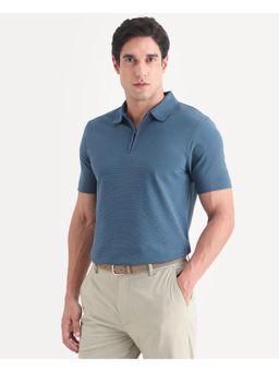Rare Rabbit - Mens Arp Dusky Teal Cotton Blend Regular Fit Plain Polo T-shirt