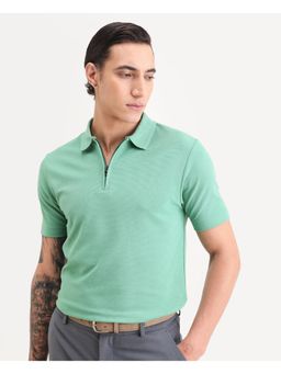 Rare Rabbit - Mens Arp Dusky Green Cotton Blend Regular Fit Plain Polo T-shirt