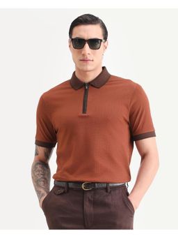 Rare Rabbit - Mens Trij Rust Polyester Blend Fabric Regular Fit Plain Polo T-shirt