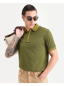 Rare Rabbit - Mens Trij Olive Polyester Blend Fabric Regular Fit Plain Polo T-shirt