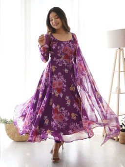 Odette - Purple Printed Organza Stitched Kurta with Dupatta (Set of 2)