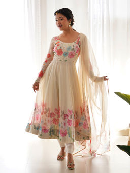 Odette - Cream Faux Georgette Printed Stitched Kurta (Set of 3)