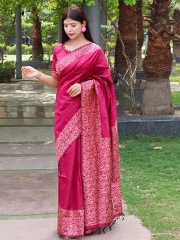 Odette - Raw Silk Printed Pink Saree with Unstitched Blouse