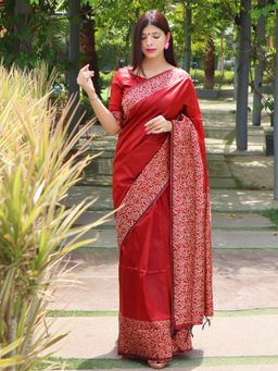 Odette - Raw Silk Printed Red Saree with Unstitched Blouse