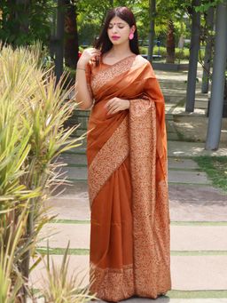 Odette - Raw Silk Printed Rust Saree with Unstitched Blouse