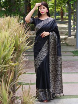 Odette - Raw Silk Printed Navy Blue Saree with Unstitched Blouse