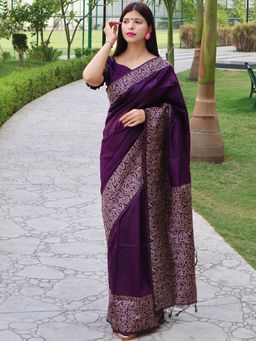 Odette - Raw Silk Printed Purple Saree with Unstitched Blouse