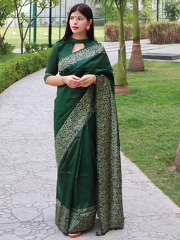 Odette - Raw Silk Printed Green Saree with Unstitched Blouse