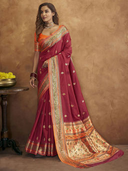 Odette - Silk Maroon Woven Saree with Unstitched Blouse
