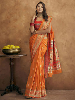 Odette - Silk Orange Woven Saree with Unstitched Blouse