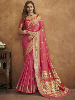 Odette - Silk Pink Woven Saree with Unstitched Blouse