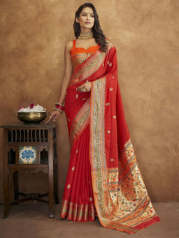 Odette - Silk Red Woven Saree with Unstitched Blouse