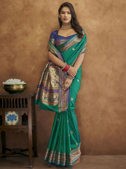 Odette - Silk Teal Woven Saree with Unstitched Blouse