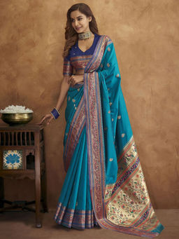 Odette - Silk Blue Woven Saree with Unstitched Blouse
