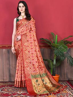 Odette - Silk Red Woven Saree with Unstitched Blouse