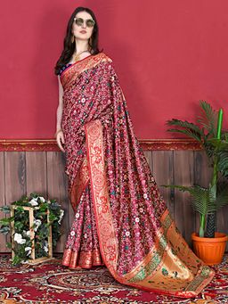 Odette - Silk Maroon Woven Saree with Unstitched Blouse