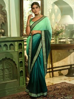 Odette - Chinon Green Embroidered Saree with Unstitched Blouse