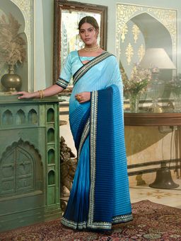 Odette - Chinon Blue Embroidered Saree with Unstitched Blouse