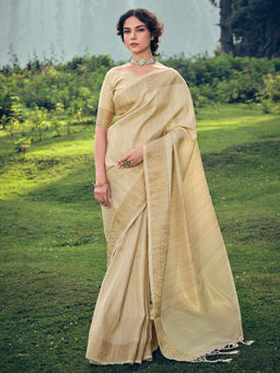 Odette - Beige Linen Woven Saree with Unstitched Blouse