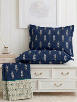 the White Moss - Navy Blue 250Tc Pure Cotton Reactive King Bedsheet With 2 Pillow Covers