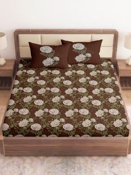 CHHAVI INDIA - Vintage Brown Floral 210 TC King Microfiber Bedsheet and 2 Pillow Covers