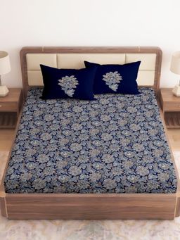 CHHAVI INDIA - Navy Blue Floral 210 TC Microfiber King Bedsheet with 2 Pillow Covers
