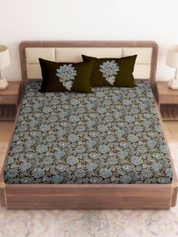 CHHAVI INDIA - Olive Floral 210 TC Microfiber King Bedsheet with 2 Pillow Covers