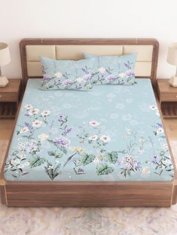 CHHAVI INDIA - Blue Serene Floral King 210 TC Microfiber Bedsheet with 2 Pillow Covers