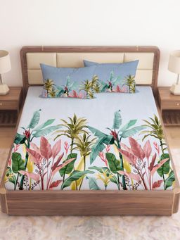 CHHAVI INDIA - Blue Tropical Bliss King Microfiber Bedsheet with 2 Pillow Covers