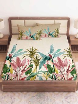 CHHAVI INDIA - Beige Tropical Bliss King Microfiber Bedsheet with 2 Pillow Covers