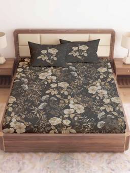 CHHAVI INDIA - Grey Premium Floral King 210 TC Microfiber Bedsheet with 2 Pillow Covers