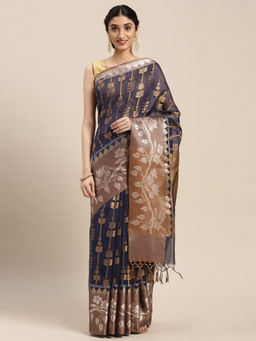 Banarasi Silk Works - Blue Masrise Cotton Strip Jaal Skirt Border Blouse with Unstitched Blouse