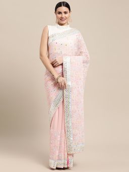 Vastranand - Pink Embroidered Thread Work Designer Saree with Unstitched Blouse