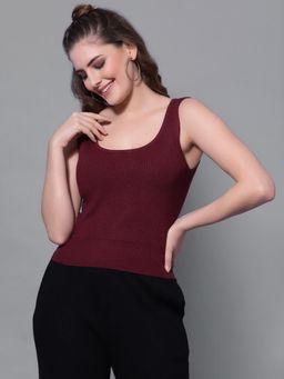 Mafadeny - Women Wine Ribbed Pullover Top
