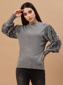 Mafadeny - Women Grey Pullover with Embellished Detail Top